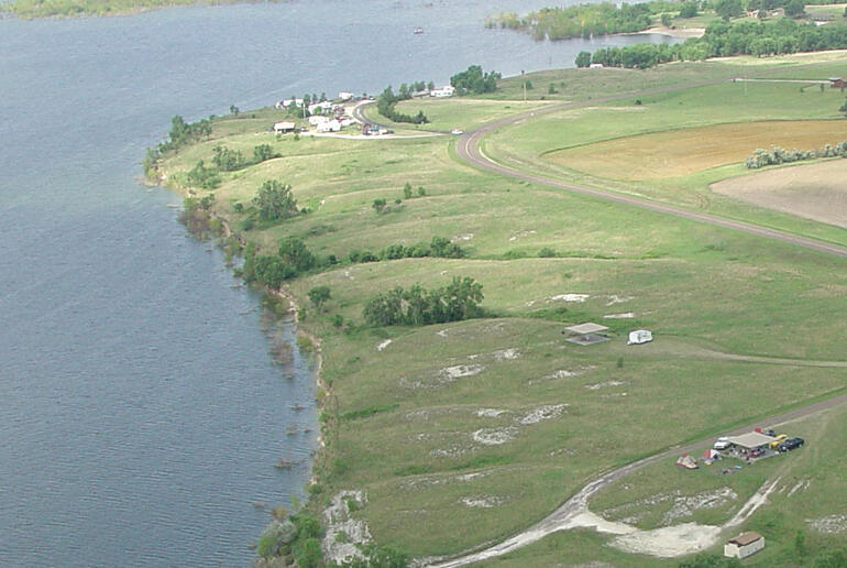 Aerial image of Webster shelters and shoreline