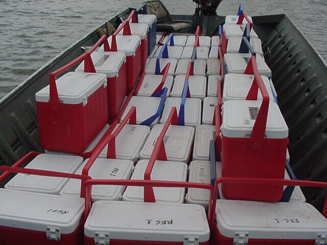 Boat load of coolers containing walleye fry for stocking in El Dorado Reservoir