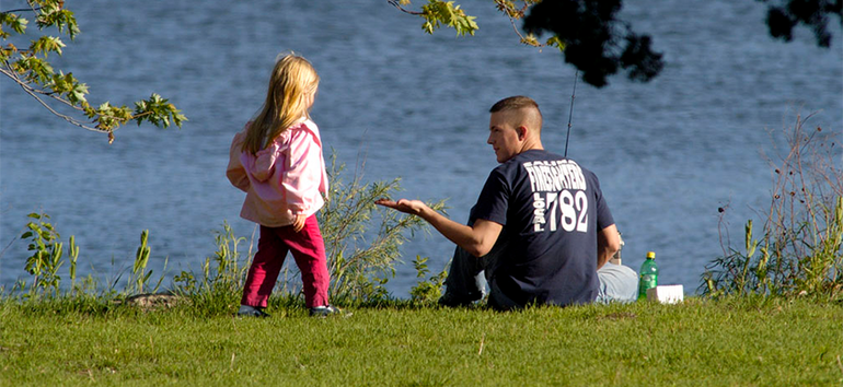 Dad and daughter fishing.